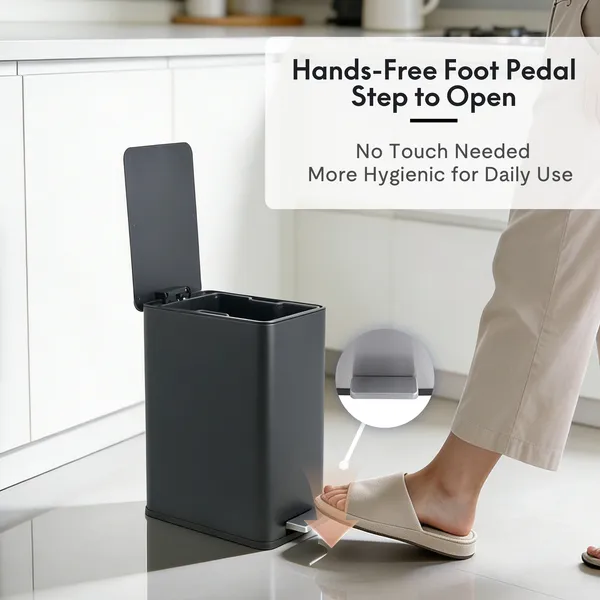 10L/2.6 Gallon Rectangular Step Trash Can, Stainless Steel Garbage Can with Foot Pedal, Removable Inner Bucket with Grip Groove and Side Handle for Kitchen Bathroom Office, Black - Image 16