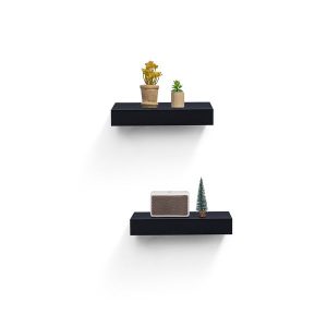 2-Piece Floating Wall Shelves, 14.96 Wood Wall Mounted Shelf Set for Bedroom, Bathroom, Living Room, Kitchen, Hanging Storage Shelves for Books, Plants & Decor with Invisible Brackets, Black