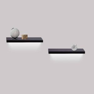 2-Piece Floating Wall Shelves w/LED Light, 15.75 Wood Wall Mounted Shelves for Bedroom, Bathroom, Living Room, Kitchen, Storage Shelf for Books, Plants & Decor, Invisible Brackets, Black