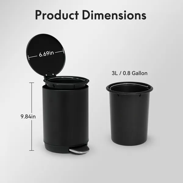 3L/0.8 Gallon Round Step Trash Can, Small Stainless Steel Bathroom Garbage Can with Foot Pedal and Removable Inner Bucket for Bathroom, Bedroom, Office, Black - Image 14