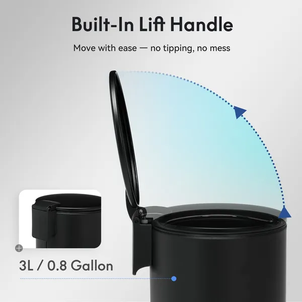3L/0.8 Gallon Round Step Trash Can, Small Stainless Steel Bathroom Garbage Can with Foot Pedal and Removable Inner Bucket for Bathroom, Bedroom, Office, Black - Image 18