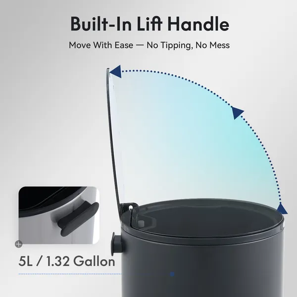 5L/1.32 Gallon Round Step Trash Can, Small Stainless Steel Bathroom Garbage Can with Foot Pedal and Removable Inner Bucket for Bathroom, Bedroom, Office, Black - Image 18