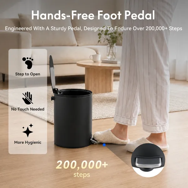 5L/1.32 Gallon Round Step Trash Can, Small Stainless Steel Bathroom Garbage Can with Foot Pedal and Removable Inner Bucket for Bathroom, Bedroom, Office, Black - Image 19