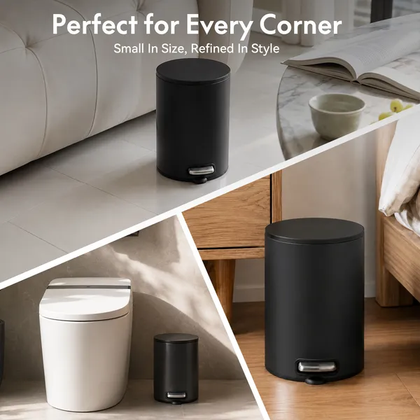 5L/1.32 Gallon Round Step Trash Can, Small Stainless Steel Bathroom Garbage Can with Foot Pedal and Removable Inner Bucket for Bathroom, Bedroom, Office, Black - Image 11