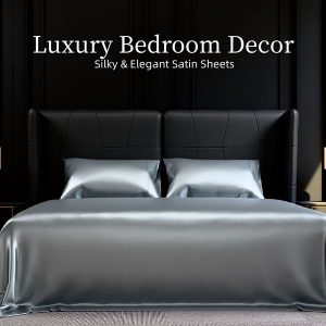 Satin Bed Sheets, King Size Sheets Set, 4 Pcs Silky Bedding Set with 15 Inches Deep Pocket for Mattress (King, Grey)