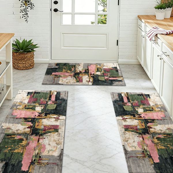 Three-piece kitchen rug set, non-slip and washable, abstract pattern kitchen hallway rug, soft and comfortable, suitable for sinks, floors, entrances, hallways and bathrooms. - Image 83