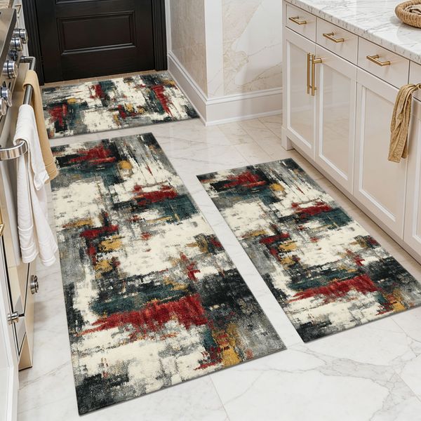 Three-piece kitchen rug set, non-slip and washable, abstract pattern kitchen hallway rug, soft and comfortable, suitable for sinks, floors, entrances, hallways and bathrooms. - Image 122